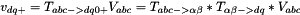 \[ v_{dq+} = T_{abc->dq0+}V_{abc} = T_{abc->\alpha\beta} * T_{\alpha\beta->dq} * V_{abc} \]