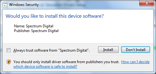 Spectrum Digital driver install warning
