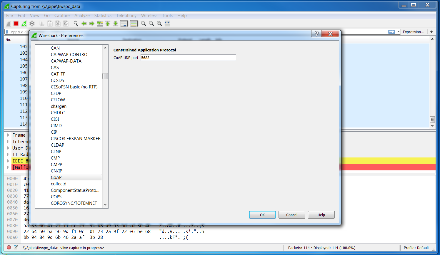 Edit Wireshark CoAP Preferences