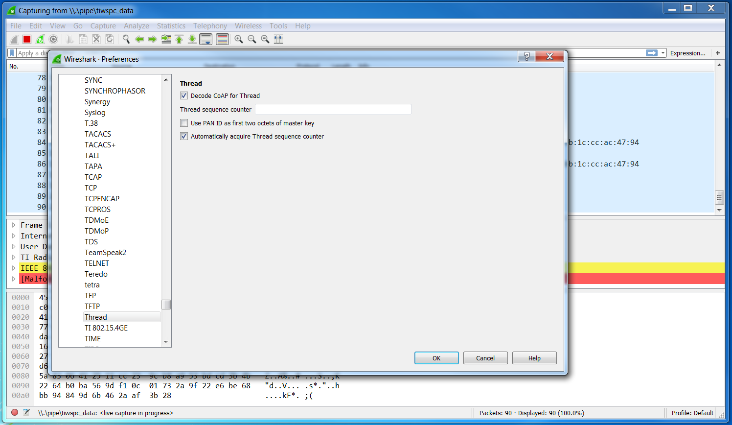 Edit Wireshark Thread Preferences
